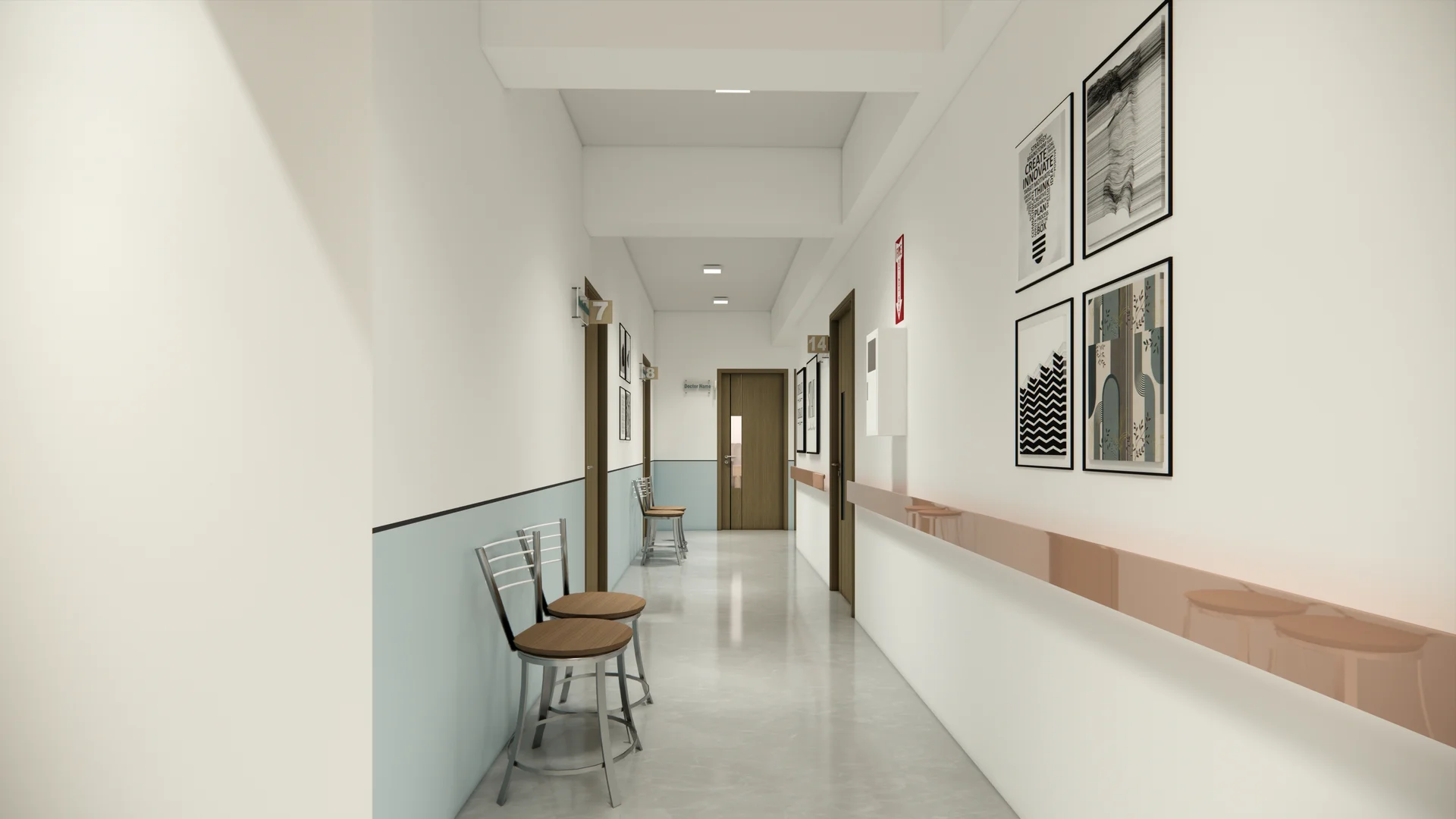 Interior visualisation of a clinic corridor with wooden doors, seating and a handrail