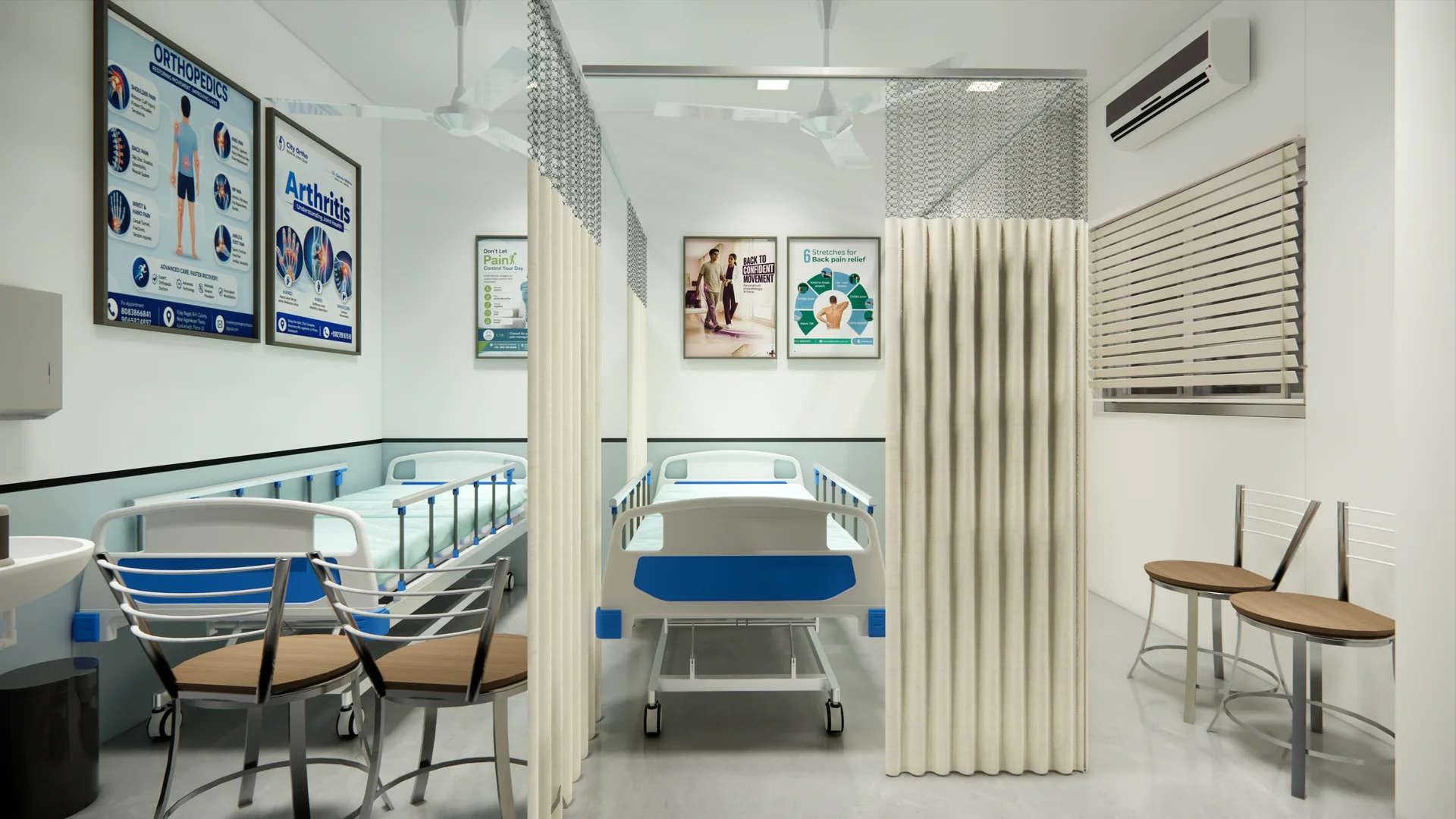 Interior visualisation of two day-care beds separated by privacy curtains