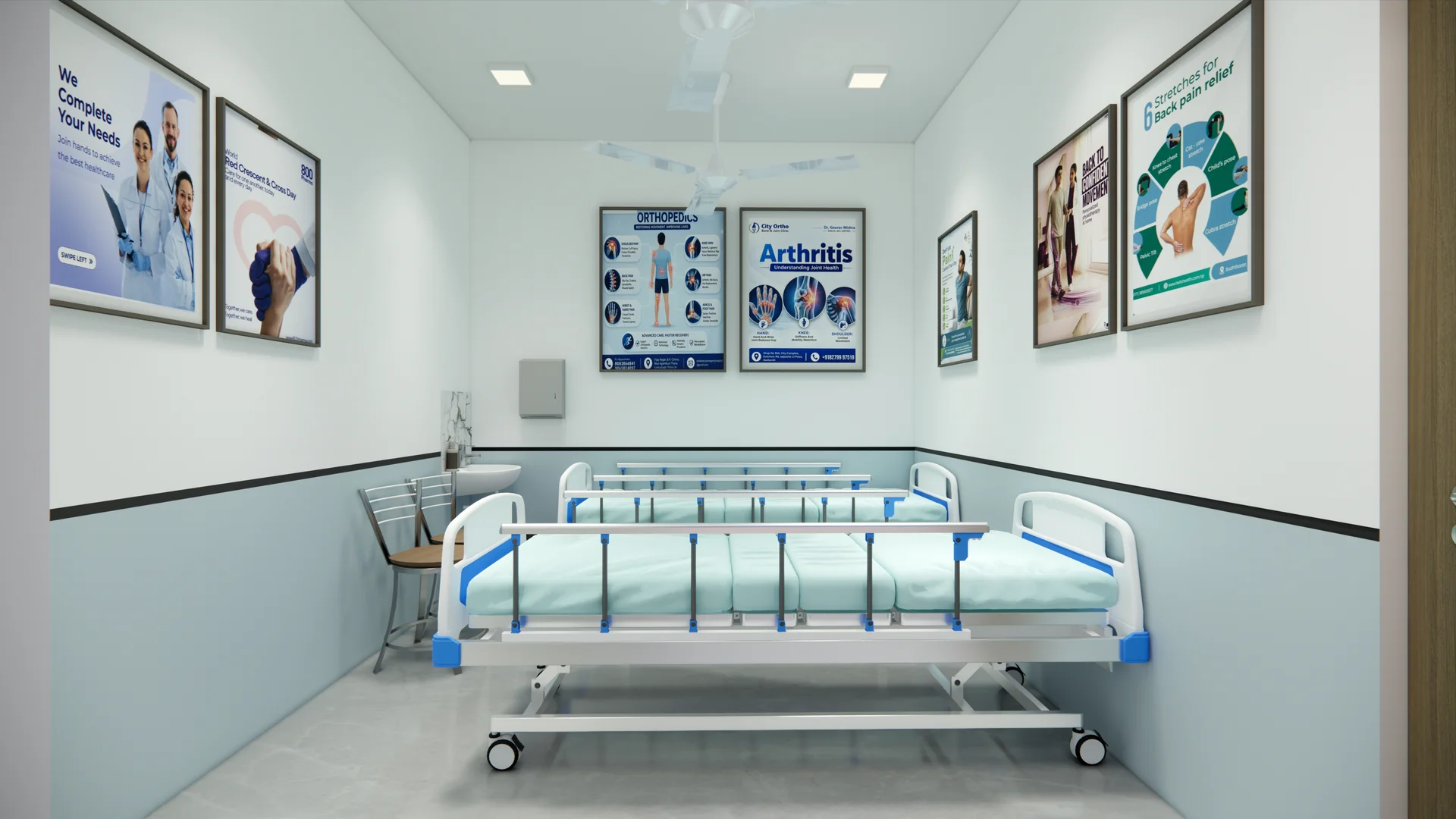 Interior visualisation of a day-care bed with side rails and attendant seating