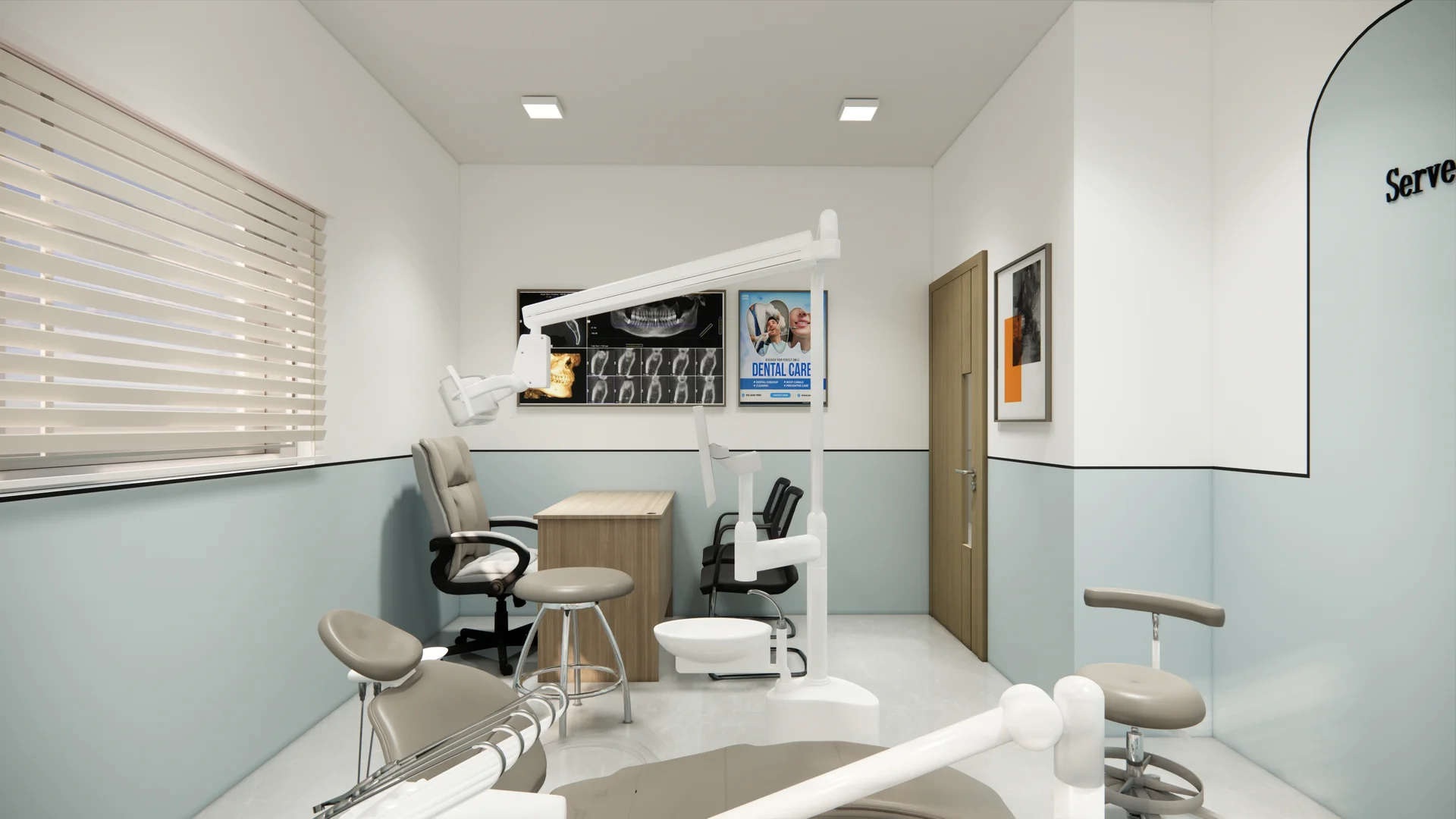 Interior visualisation of the dental chair, clinical workstation and consultation desk