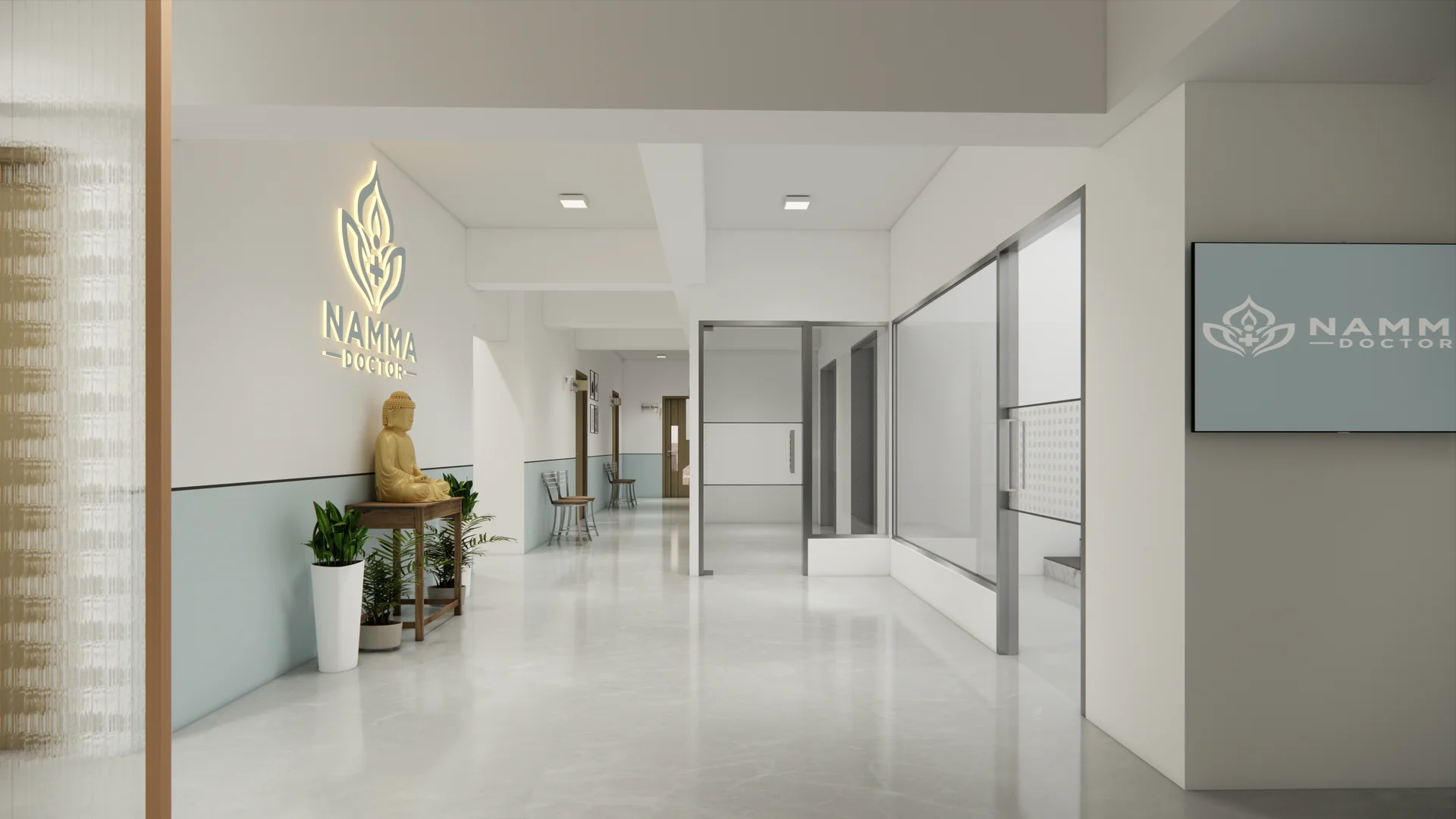 Interior visualisation of the Namma Doctor entrance with a reception corridor and clinic signage
