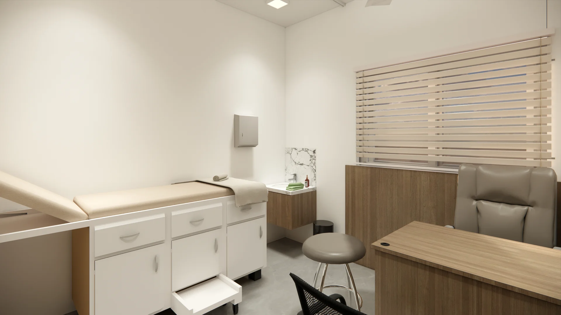 Interior visualisation of an examination couch and washbasin alongside a doctor's desk
