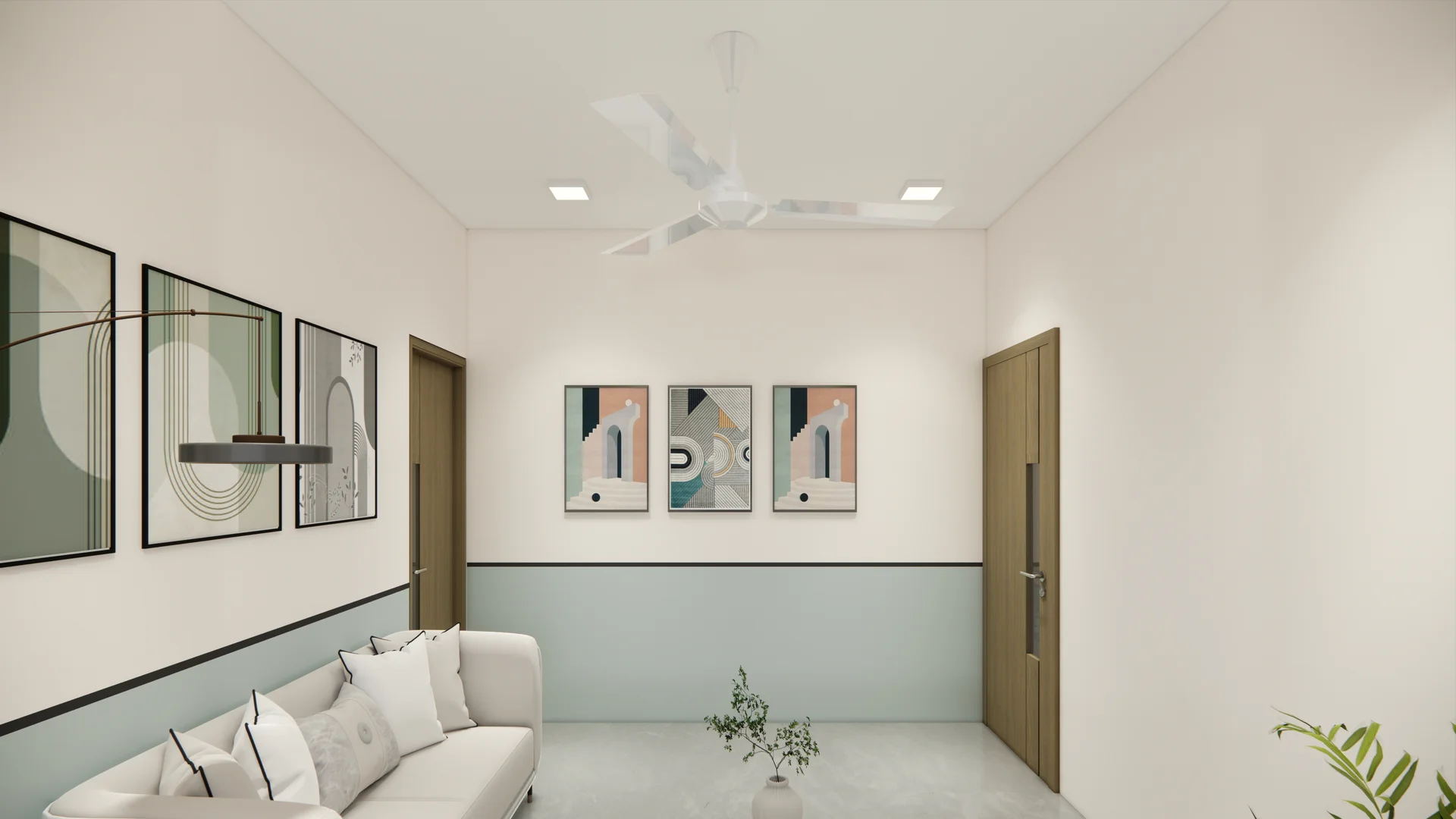 Interior visualisation of the doctors' lounge with sofas and a low table