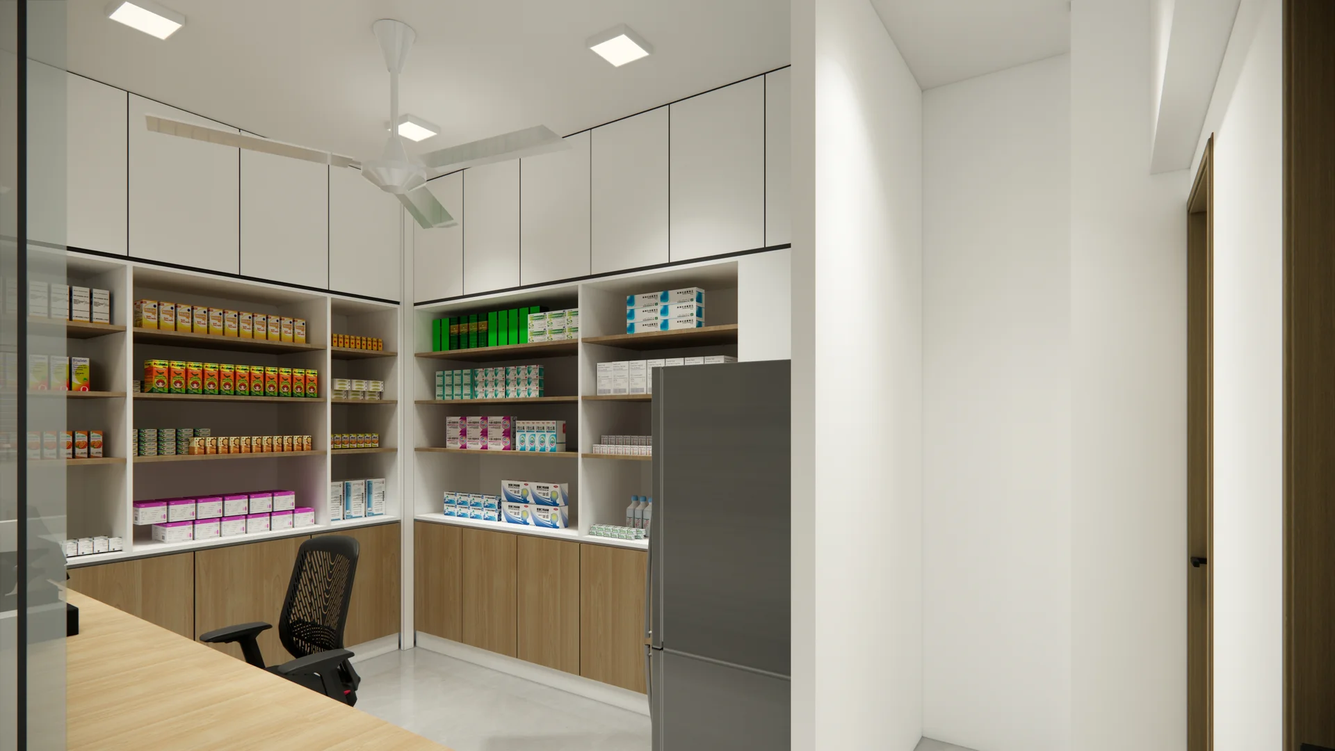 Interior visualisation of pharmacy shelving, cabinets and a service counter