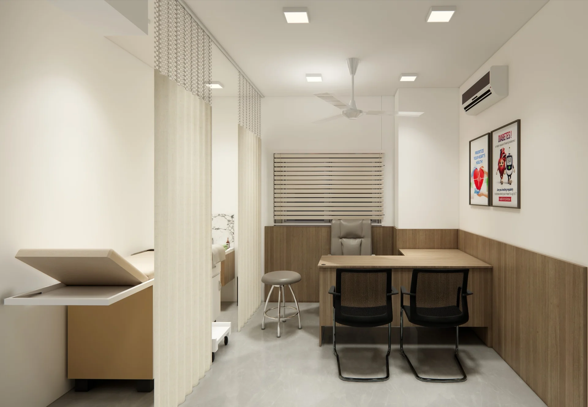 Interior visualisation of a consultation room with a desk, seating and examination couch
