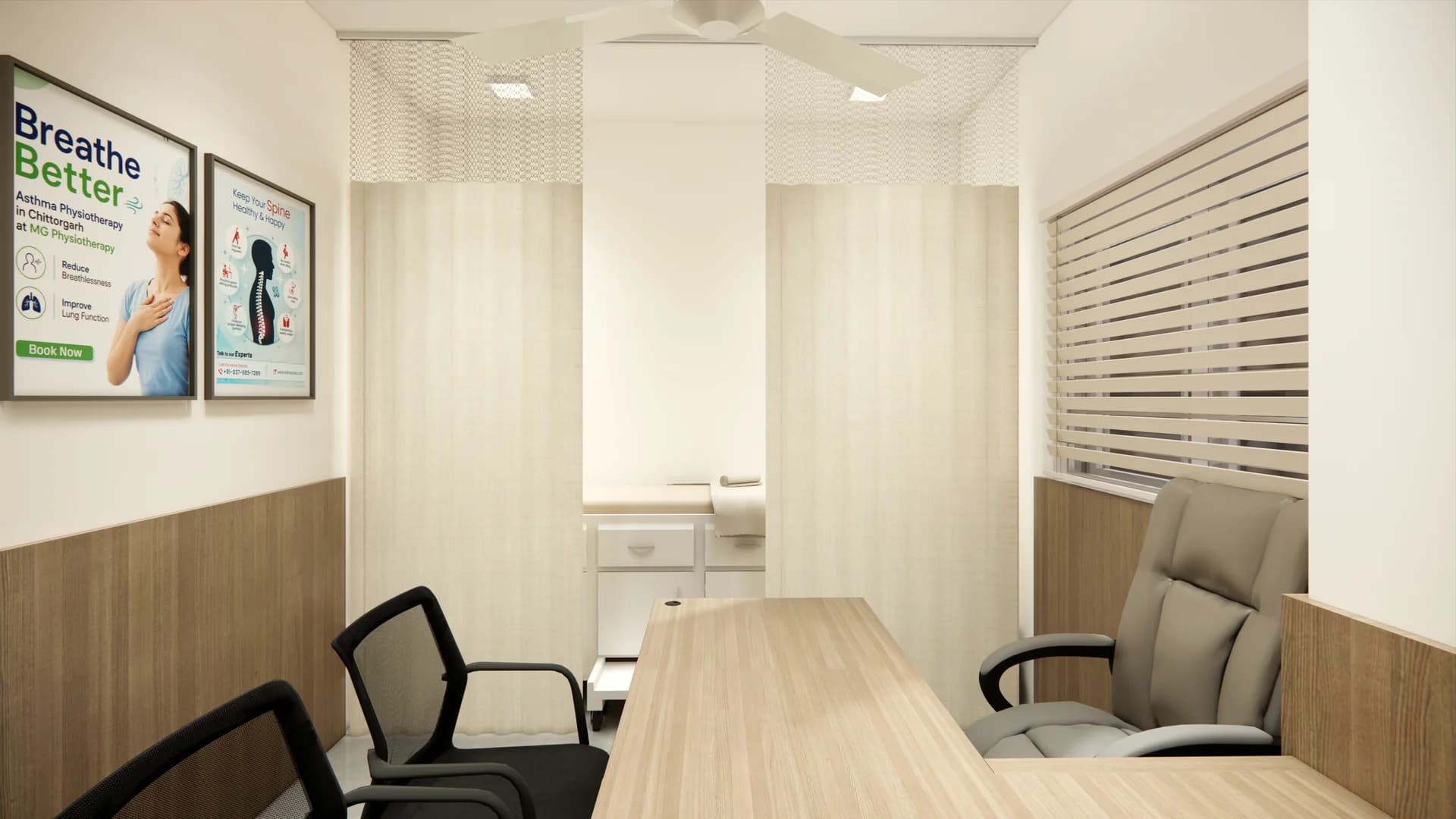 Interior visualisation of a consultation desk, patient chairs and examination area