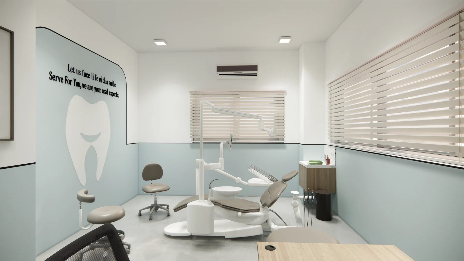 Interior visualisation of Namma Doctor’s dental room with a dental chair and overhead light