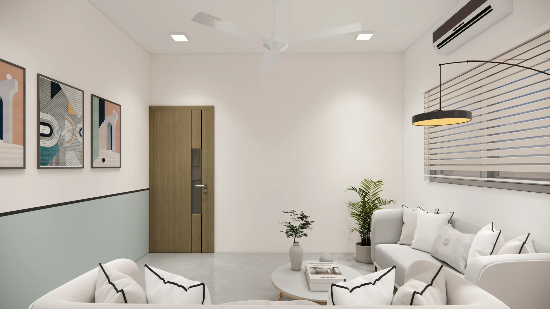 Interior visualisation of the doctors’ lounge with sofas and a coffee table