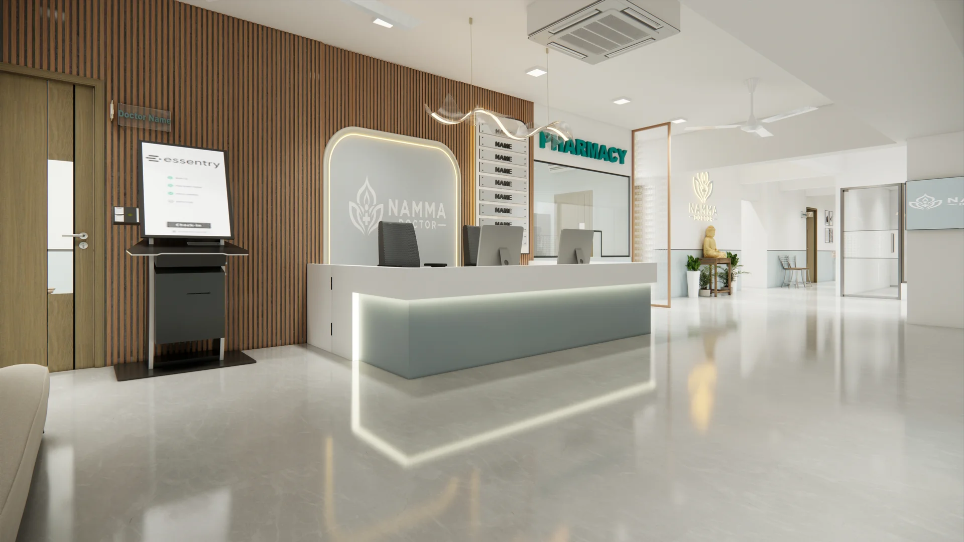 Interior visualisation of Namma Doctor’s reception and waiting area
